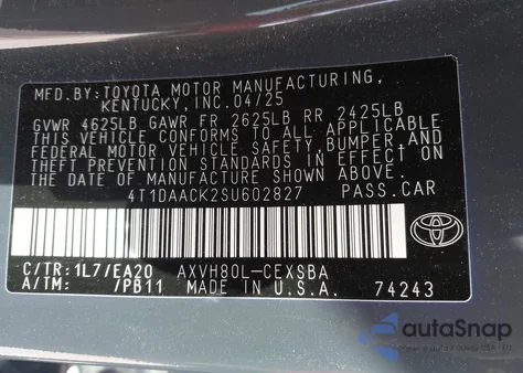 2025 Toyota Camry Xse/Xle/Le/Se from USA, damaged, VIN 4T1DAACK2SU602827